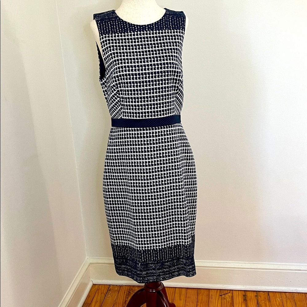 J. Crew Classic Navy & White Houndstooth Tweed Sheath Dress - Size 8